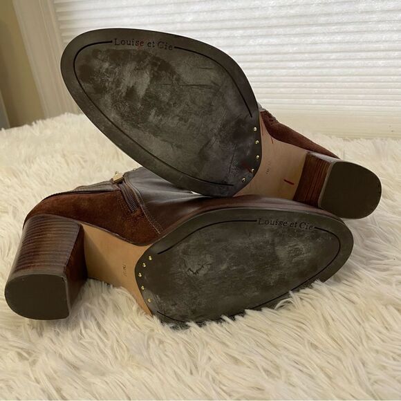 LOUISE ET CIE LO-VASCA BROWN SUEDE & LEATHER HEEL SIDE ZIP ANKLE BOOTS SZ 7M/ 37 - Picture 5 of 9